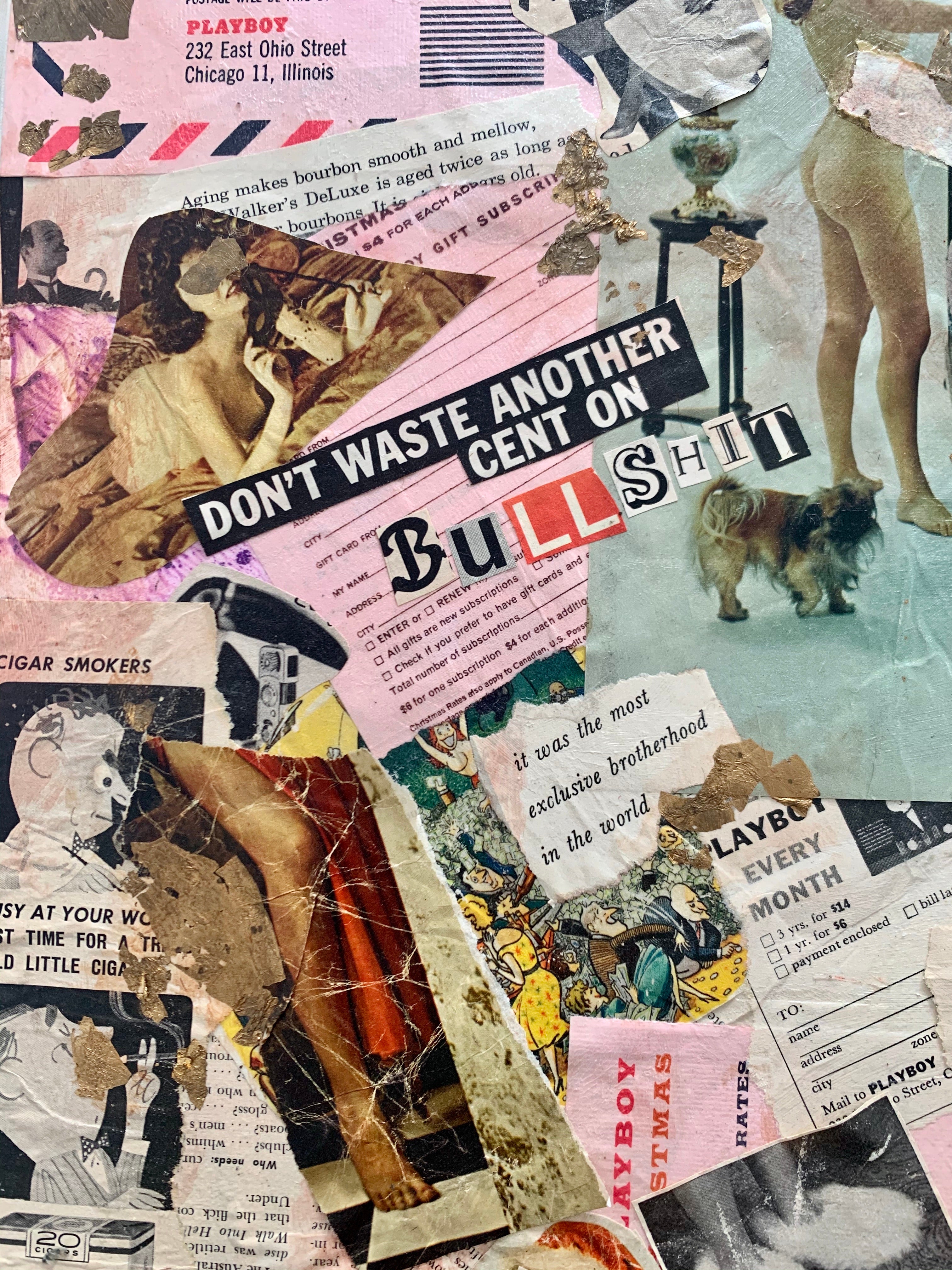 Collage on canvas made out of 1970’s era Playboy’s with paint and golf leaf. 18” x 24”. Unframed. 
